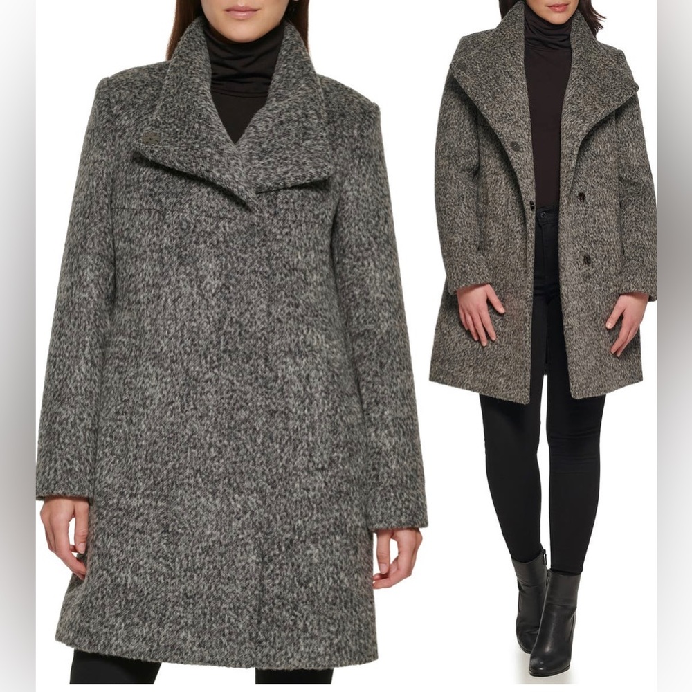 Kenneth Cole New York, Black and Gray (Charcoal) Asymmetrical Coat in Si…